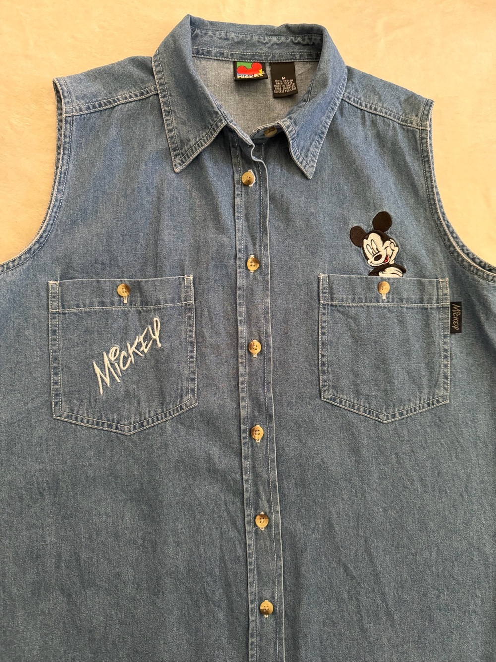 Mickey Unlimited Disney Denim Sleeveless Button-Down Cotton Embroidered Shirt - Picture 11 of 11